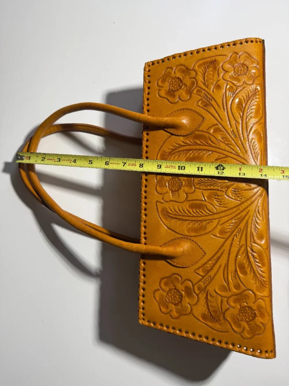 Alexis David Yellow Tooled Embossed Leather Handbag Purse Large Whipstitch NEW